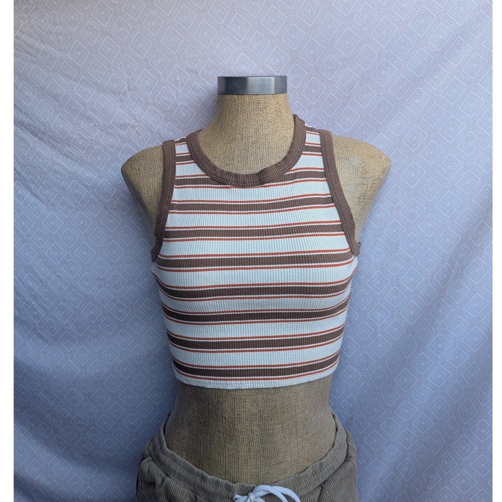 RSQ Tank Top Womens XL Brown Excellent Striped Ribbed Knit Cropped Crew Neck